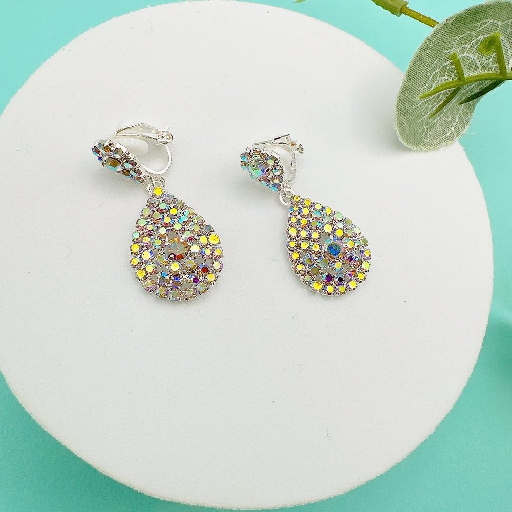 CLIP ON Small Pear Shape AB Color Rhinestone  Earrings